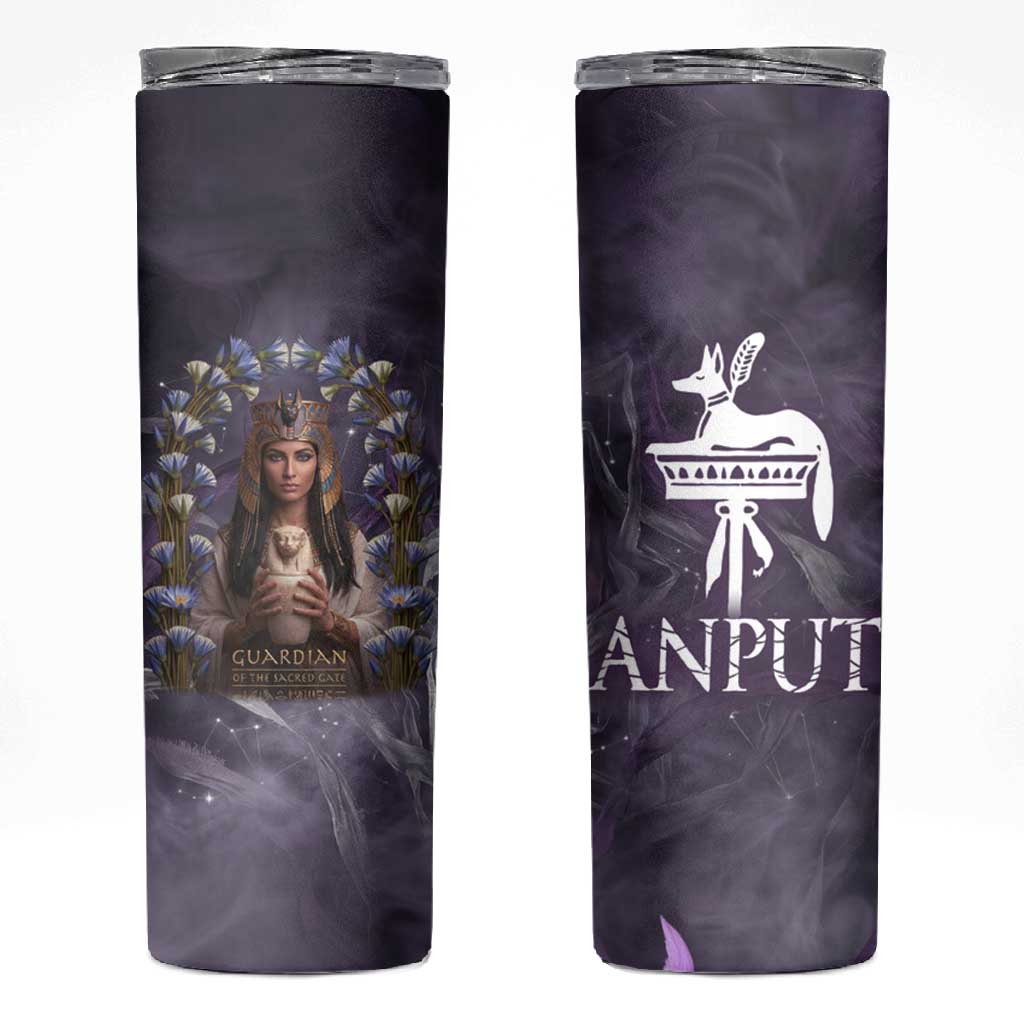 Anput Sacred Urn Skinny Tumbler with Papyrus Flowers Egyptian Guardian in Violet Mist