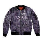 Anput Sacred Urn Sleeve Zip Bomber Jacket with Papyrus Flowers Egyptian Guardian in Violet Mist