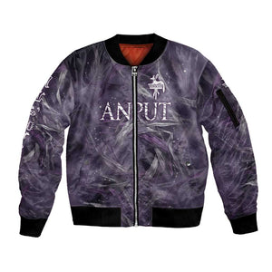 Anput Sacred Urn Sleeve Zip Bomber Jacket with Papyrus Flowers Egyptian Guardian in Violet Mist