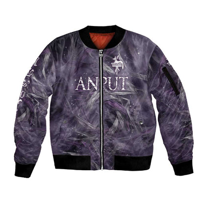 Anput Sacred Urn Sleeve Zip Bomber Jacket with Papyrus Flowers Egyptian Guardian in Violet Mist