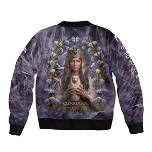 Anput Sacred Urn Sleeve Zip Bomber Jacket with Papyrus Flowers Egyptian Guardian in Violet Mist