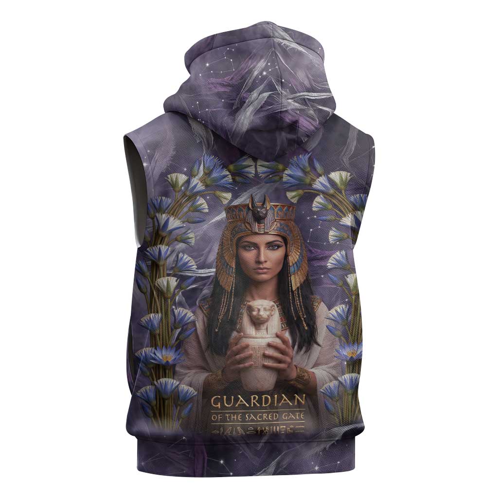 Anput Sacred Urn Sleeveless Hoodie with Papyrus Flowers Egyptian Guardian in Violet Mist
