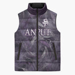 Anput Sacred Urn Sleeveless Puffer Jacket with Papyrus Flowers Egyptian Guardian in Violet Mist