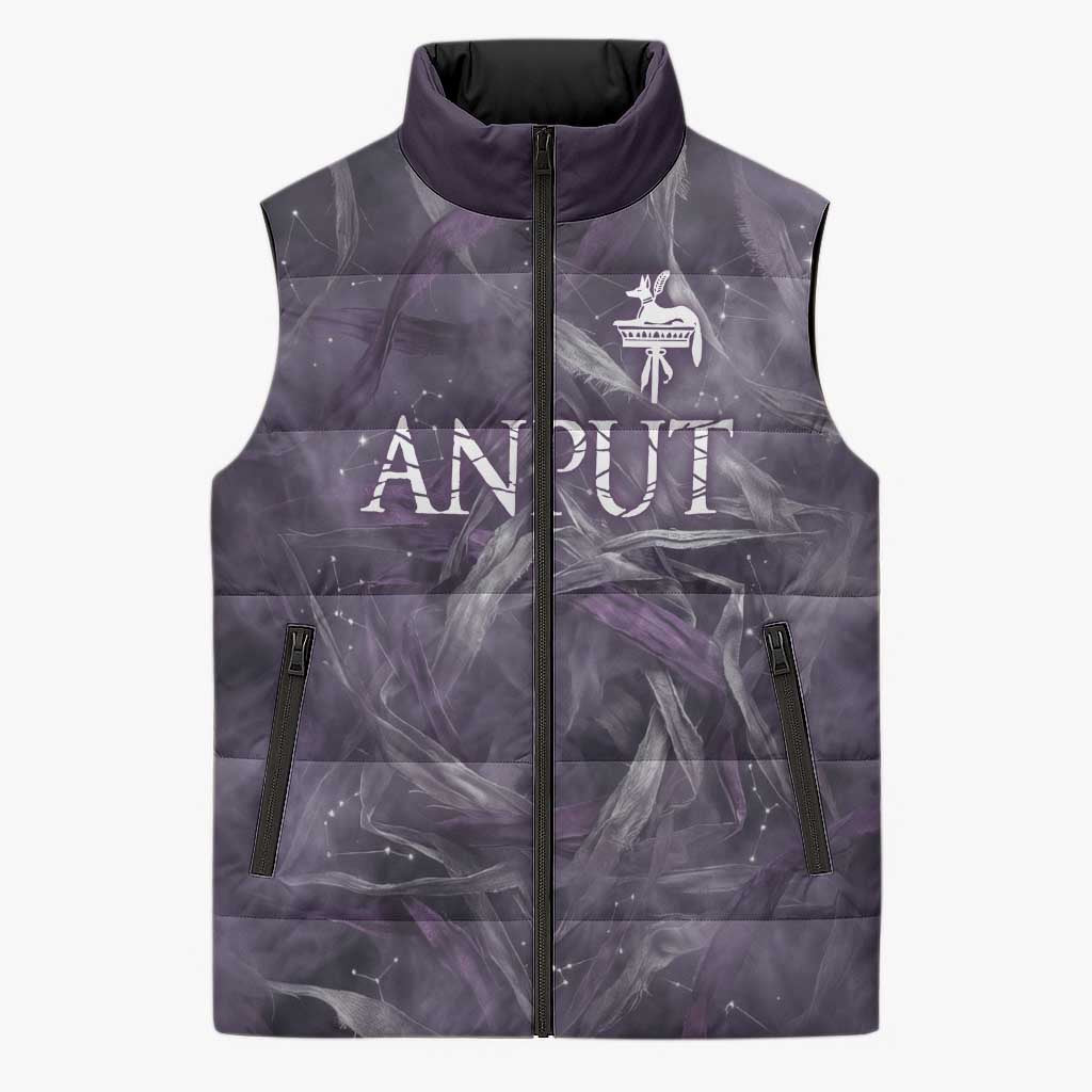 Anput Sacred Urn Sleeveless Puffer Jacket with Papyrus Flowers Egyptian Guardian in Violet Mist