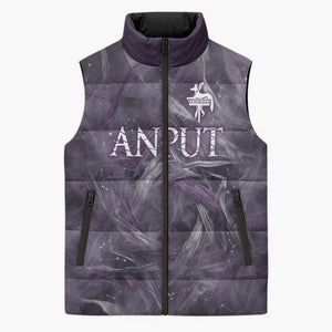 Anput Sacred Urn Sleeveless Puffer Jacket with Papyrus Flowers Egyptian Guardian in Violet Mist