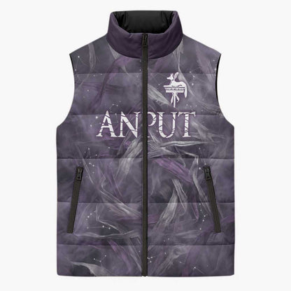 Anput Sacred Urn Sleeveless Puffer Jacket with Papyrus Flowers Egyptian Guardian in Violet Mist