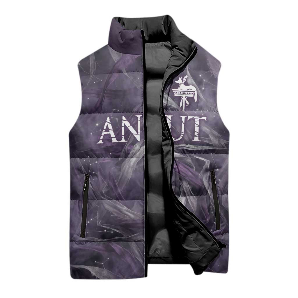 Anput Sacred Urn Sleeveless Puffer Jacket with Papyrus Flowers Egyptian Guardian in Violet Mist