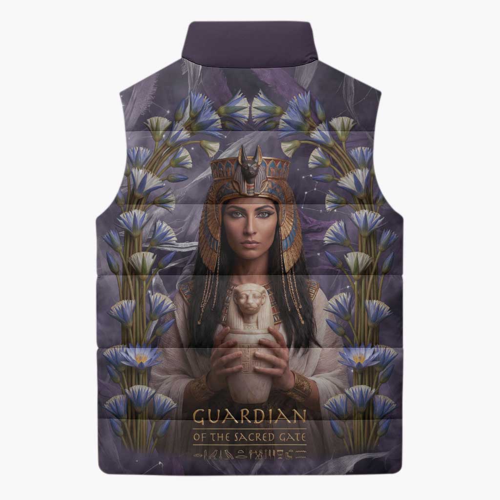 Anput Sacred Urn Sleeveless Puffer Jacket with Papyrus Flowers Egyptian Guardian in Violet Mist