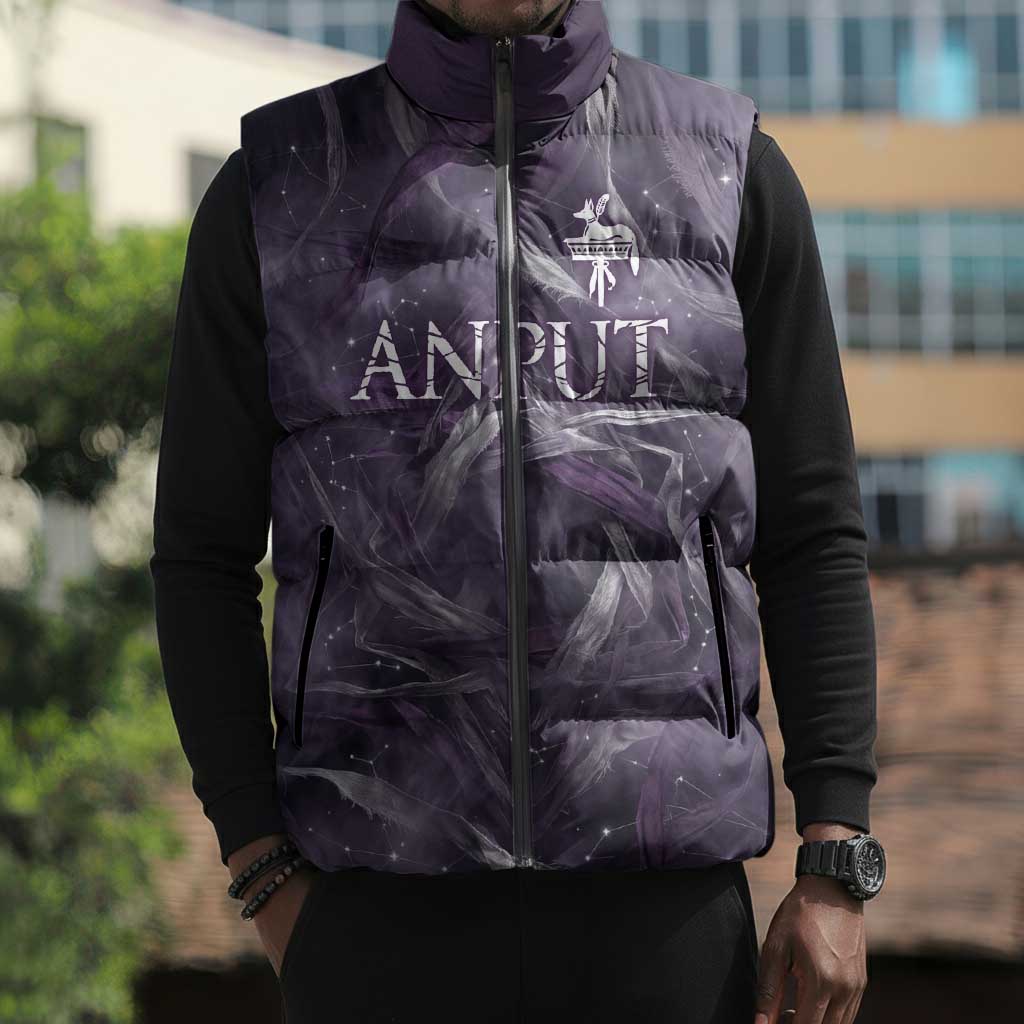 Anput Sacred Urn Sleeveless Puffer Jacket with Papyrus Flowers Egyptian Guardian in Violet Mist