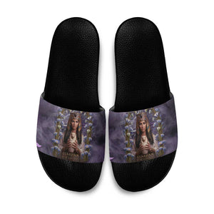 Anput Sacred Urn Slide Sandals with Papyrus Flowers Egyptian Guardian in Violet Mist