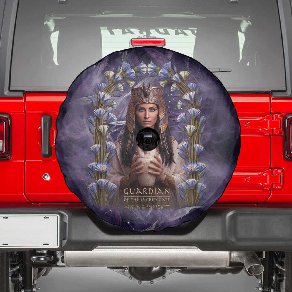 Anput Sacred Urn Spare Tire Cover with Papyrus Flowers Egyptian Guardian in Violet Mist