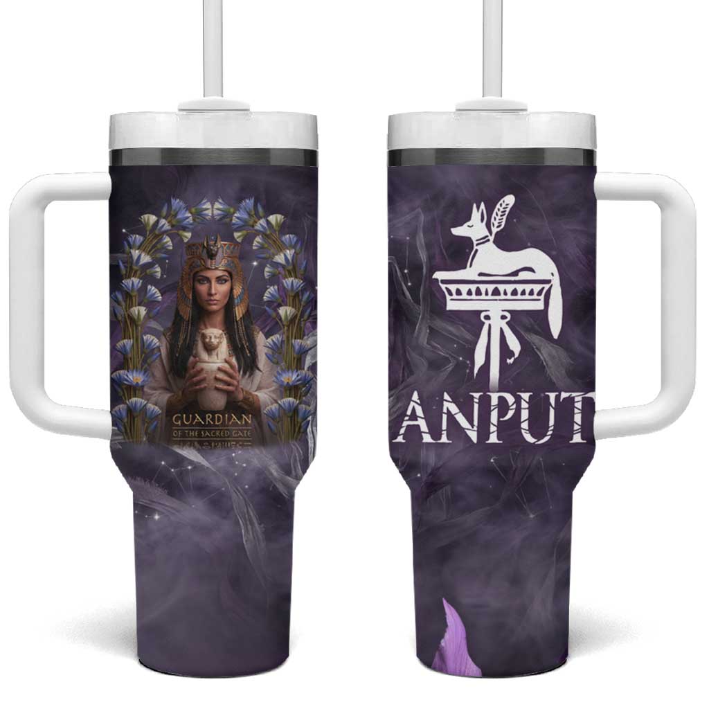 Anput Sacred Urn Tumbler With Handle with Papyrus Flowers Egyptian Guardian in Violet Mist