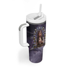 Anput Sacred Urn Tumbler With Handle with Papyrus Flowers Egyptian Guardian in Violet Mist