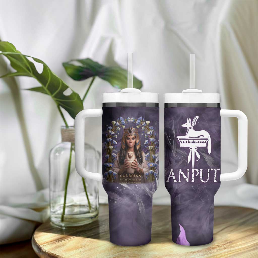 Anput Sacred Urn Tumbler With Handle with Papyrus Flowers Egyptian Guardian in Violet Mist