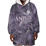 Anput Sacred Urn Wearable Blanket Hoodie with Papyrus Flowers Egyptian Guardian in Violet Mist