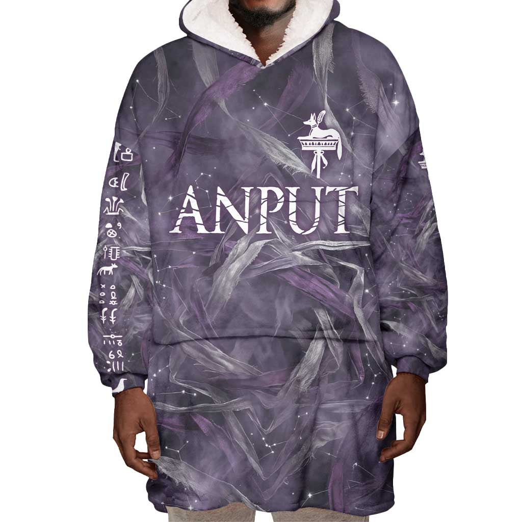Anput Sacred Urn Wearable Blanket Hoodie with Papyrus Flowers Egyptian Guardian in Violet Mist