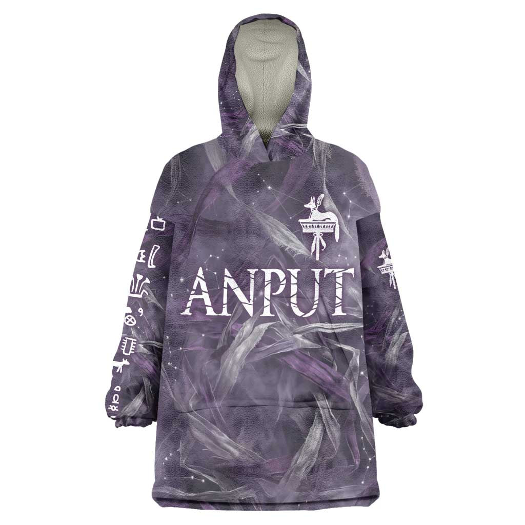 Anput Sacred Urn Wearable Blanket Hoodie with Papyrus Flowers Egyptian Guardian in Violet Mist