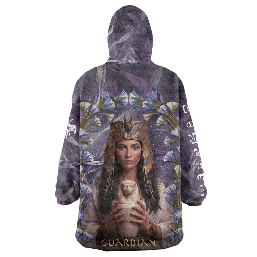 Anput Sacred Urn Wearable Blanket Hoodie with Papyrus Flowers Egyptian Guardian in Violet Mist