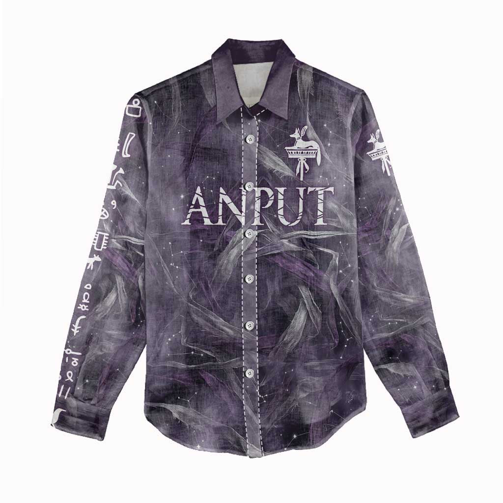 Anput Sacred Urn Women Casual Shirt with Papyrus Flowers Egyptian Guardian in Violet Mist