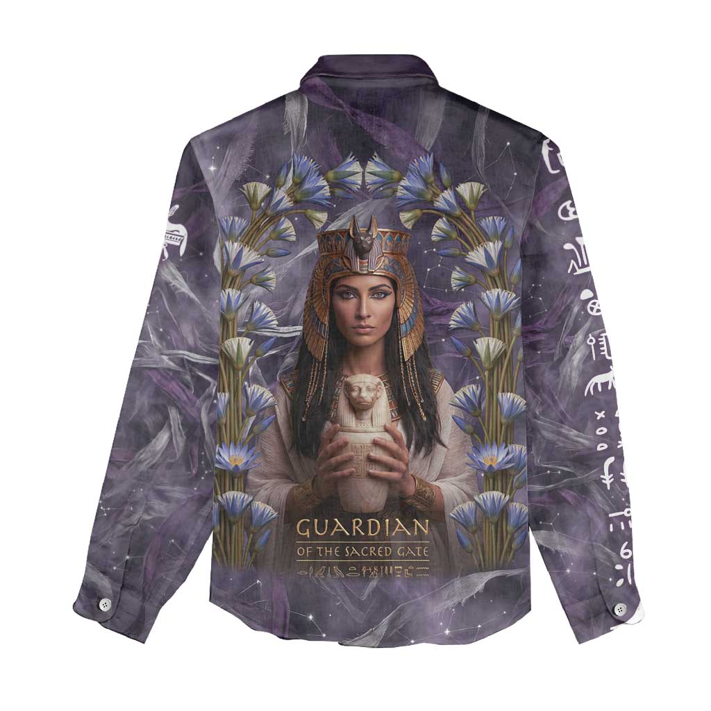Anput Sacred Urn Women Casual Shirt with Papyrus Flowers Egyptian Guardian in Violet Mist