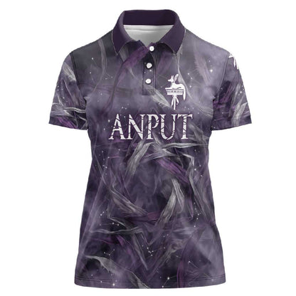 Anput Sacred Urn Women Polo Shirt with Papyrus Flowers Egyptian Guardian in Violet Mist