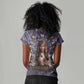 Anput Sacred Urn Women V-Neck T-Shirt with Papyrus Flowers Egyptian Guardian in Violet Mist