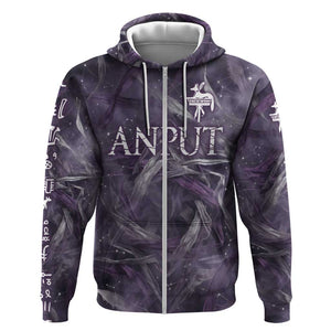 Anput Sacred Urn Zip Hoodie with Papyrus Flowers Egyptian Guardian in Violet Mist