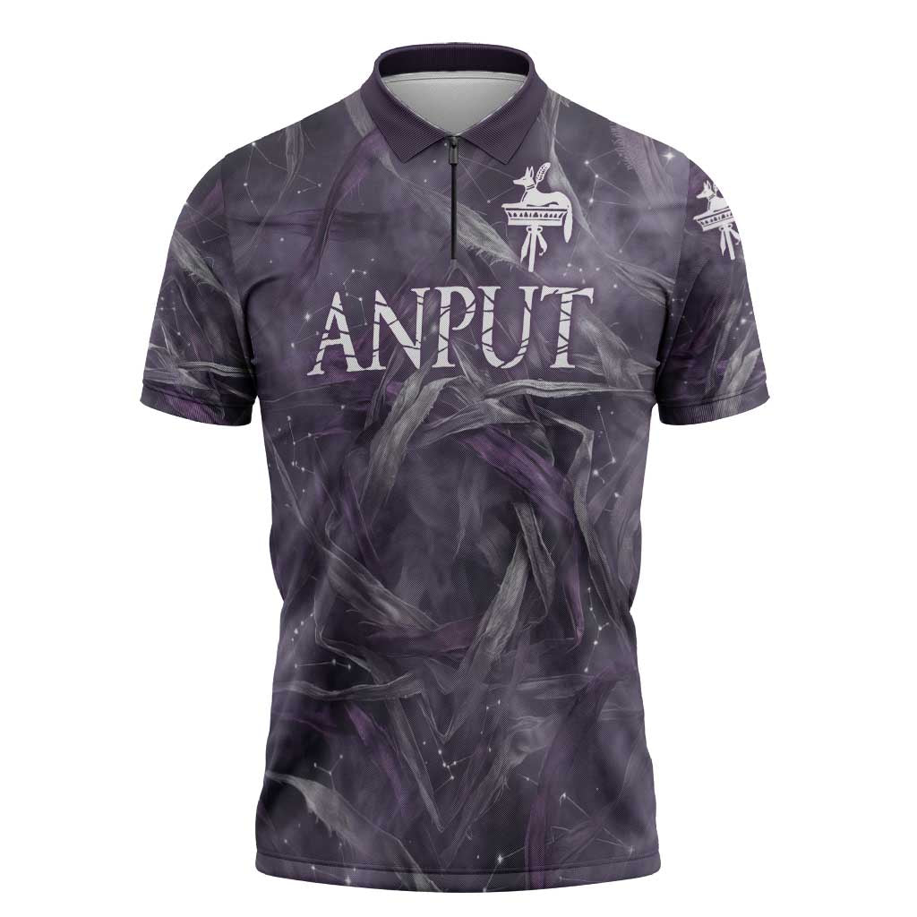 Anput Sacred Urn Zipper Polo Shirt with Papyrus Flowers Egyptian Guardian in Violet Mist