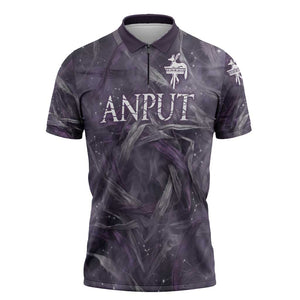 Anput Sacred Urn Zipper Polo Shirt with Papyrus Flowers Egyptian Guardian in Violet Mist