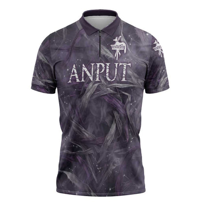 Anput Sacred Urn Zipper Polo Shirt with Papyrus Flowers Egyptian Guardian in Violet Mist