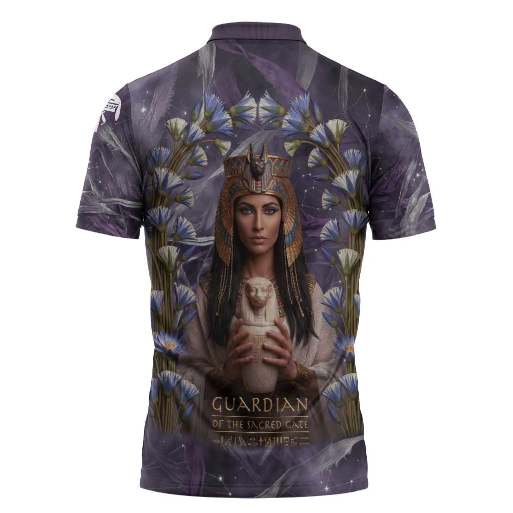 Anput Sacred Urn Zipper Polo Shirt with Papyrus Flowers Egyptian Guardian in Violet Mist