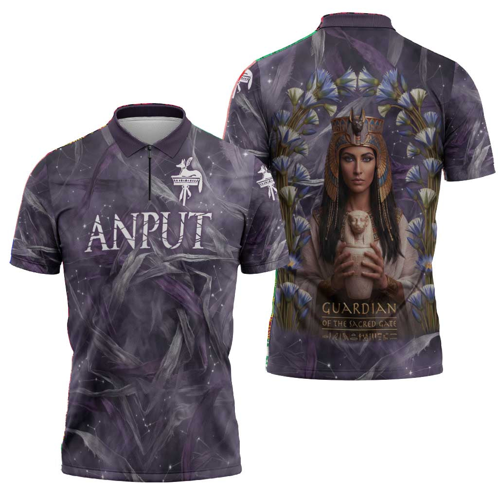 Anput Sacred Urn Zipper Polo Shirt with Papyrus Flowers Egyptian Guardian in Violet Mist