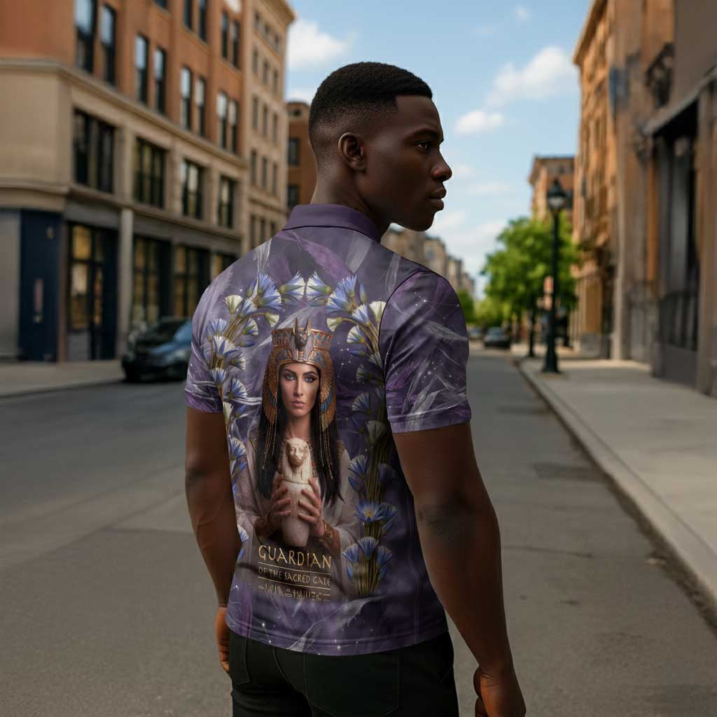 Anput Sacred Urn Zipper Polo Shirt with Papyrus Flowers Egyptian Guardian in Violet Mist