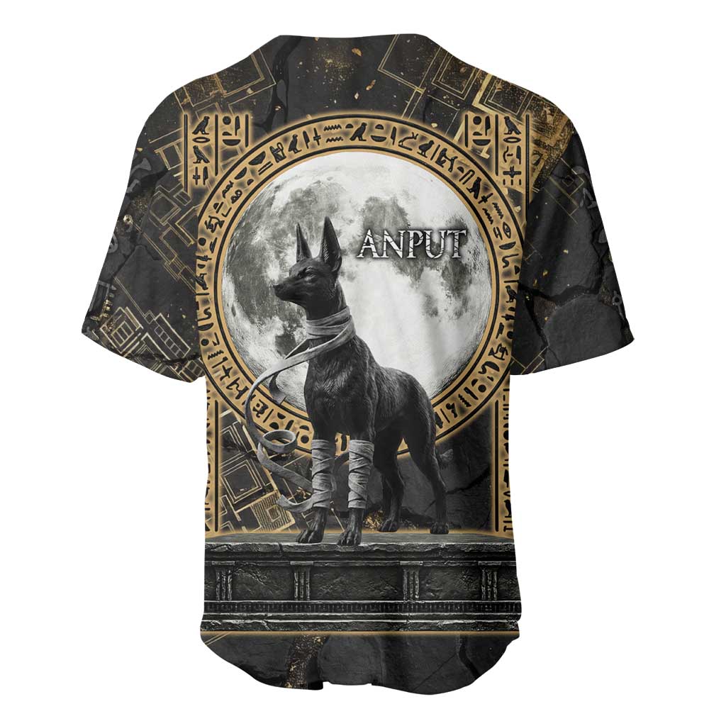 Anput Jackal Mask Baseball Jersey with Full Moon Egyptian Afterlife Symbolism