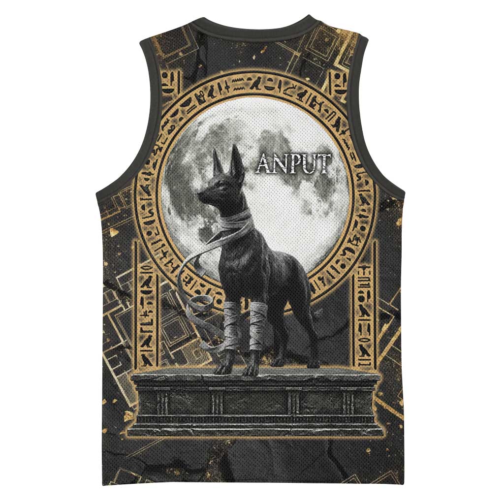 Anput Jackal Mask Basketball Jersey with Full Moon Egyptian Afterlife Symbolism