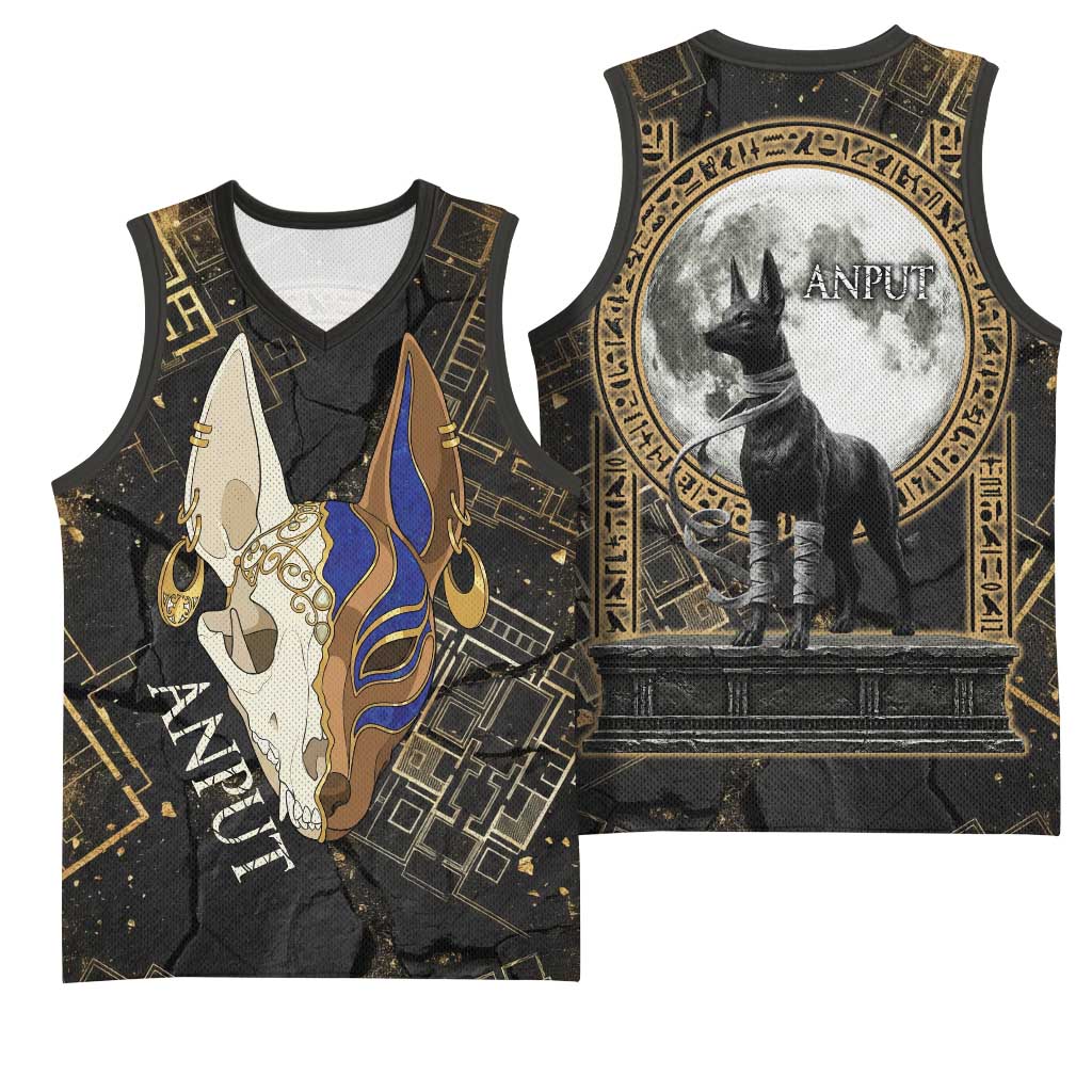Anput Jackal Mask Basketball Jersey with Full Moon Egyptian Afterlife Symbolism