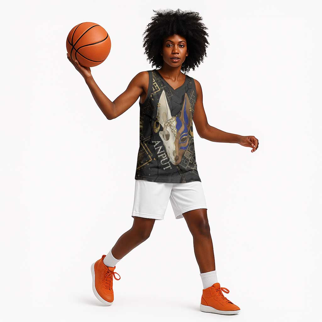 Anput Jackal Mask Basketball Jersey with Full Moon Egyptian Afterlife Symbolism