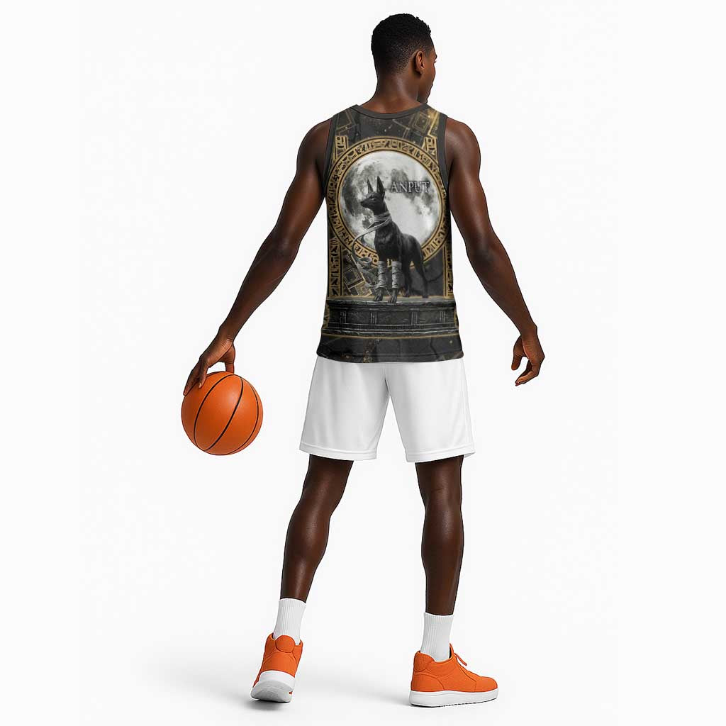 Anput Jackal Mask Basketball Jersey with Full Moon Egyptian Afterlife Symbolism