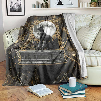 Anput Jackal Mask Blanket with Full Moon Egyptian Afterlife Symbolism