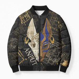 Anput Jackal Mask Bomber Puffer Jacket with Full Moon Egyptian Afterlife Symbolism