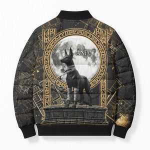 Anput Jackal Mask Bomber Puffer Jacket with Full Moon Egyptian Afterlife Symbolism