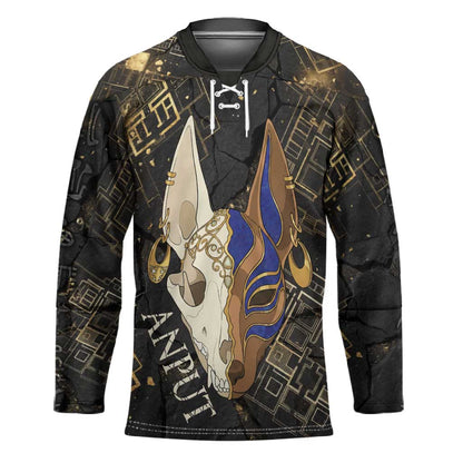 Anput Jackal Mask Hockey Jersey with Full Moon Egyptian Afterlife Symbolism