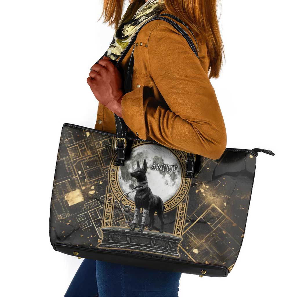 Anput Jackal Mask Leather Tote Bag with Full Moon Egyptian Afterlife Symbolism