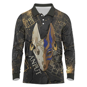 Anput Jackal Mask Long Sleeve Polo Shirt with Full Moon Egyptian Afterlife Symbolism