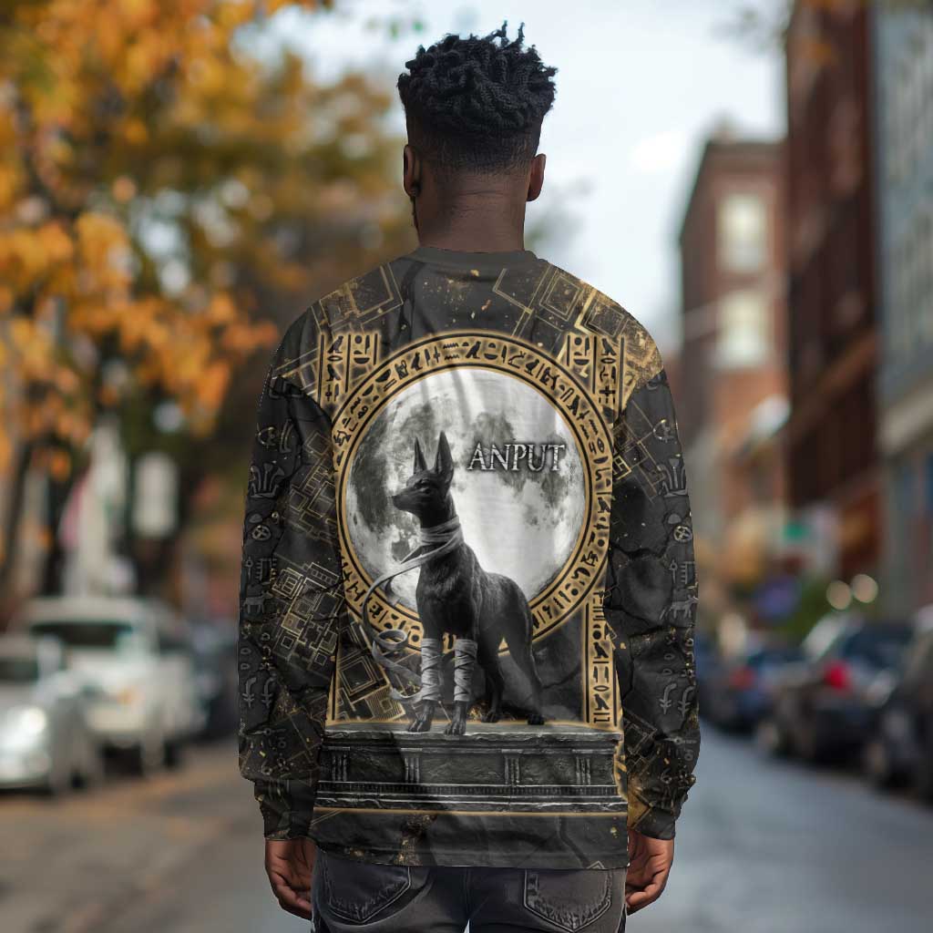 Anput Jackal Mask Long Sleeve Shirt with Full Moon Egyptian Afterlife Symbolism