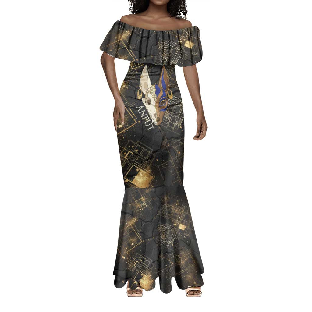 Anput Jackal Mask Mermaid Dress with Full Moon Egyptian Afterlife Symbolism