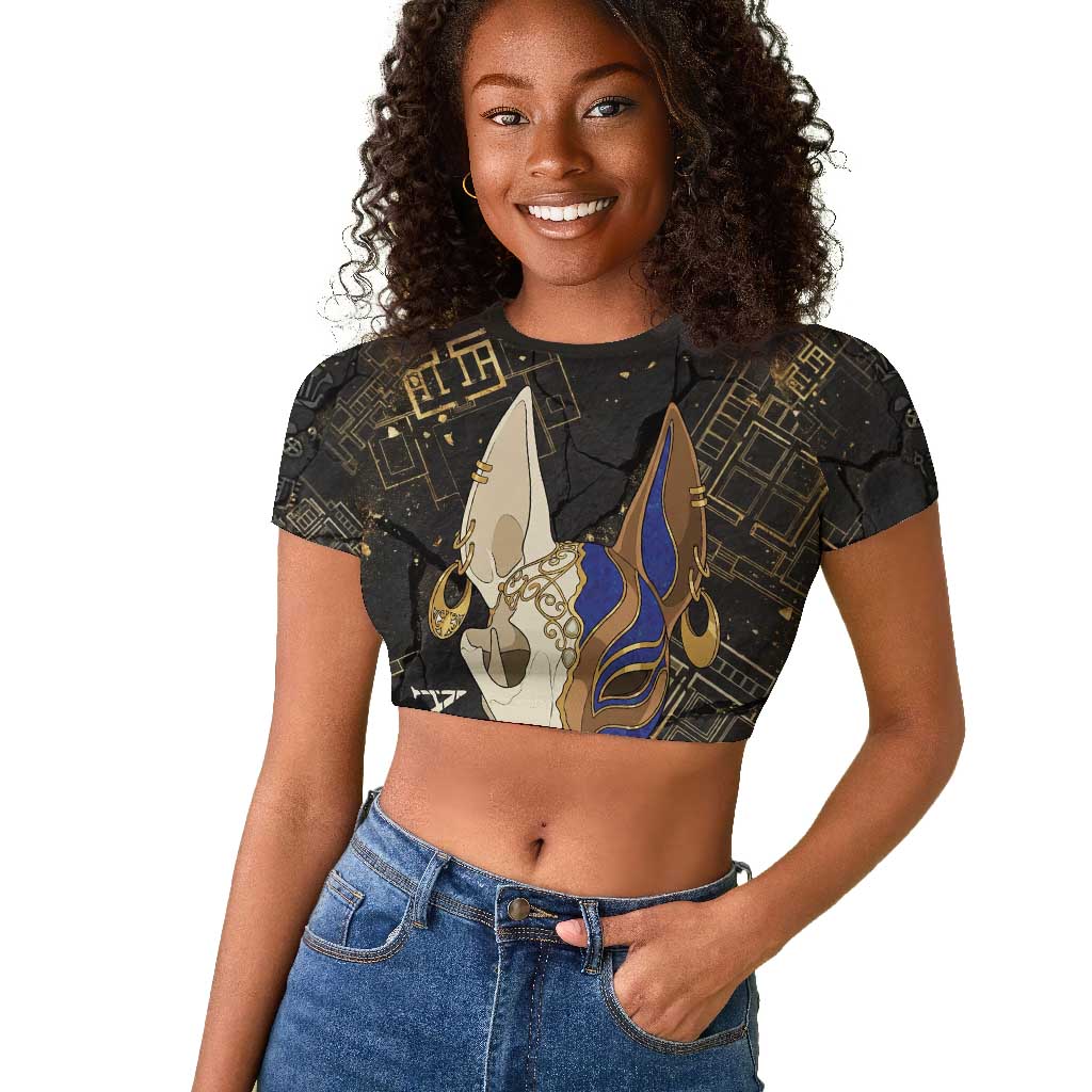 Anput Jackal Mask Raglan Cropped T shirt with Full Moon Egyptian Afterlife Symbolism