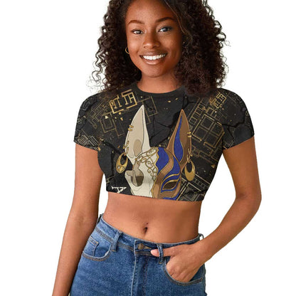 Anput Jackal Mask Raglan Cropped T shirt with Full Moon Egyptian Afterlife Symbolism