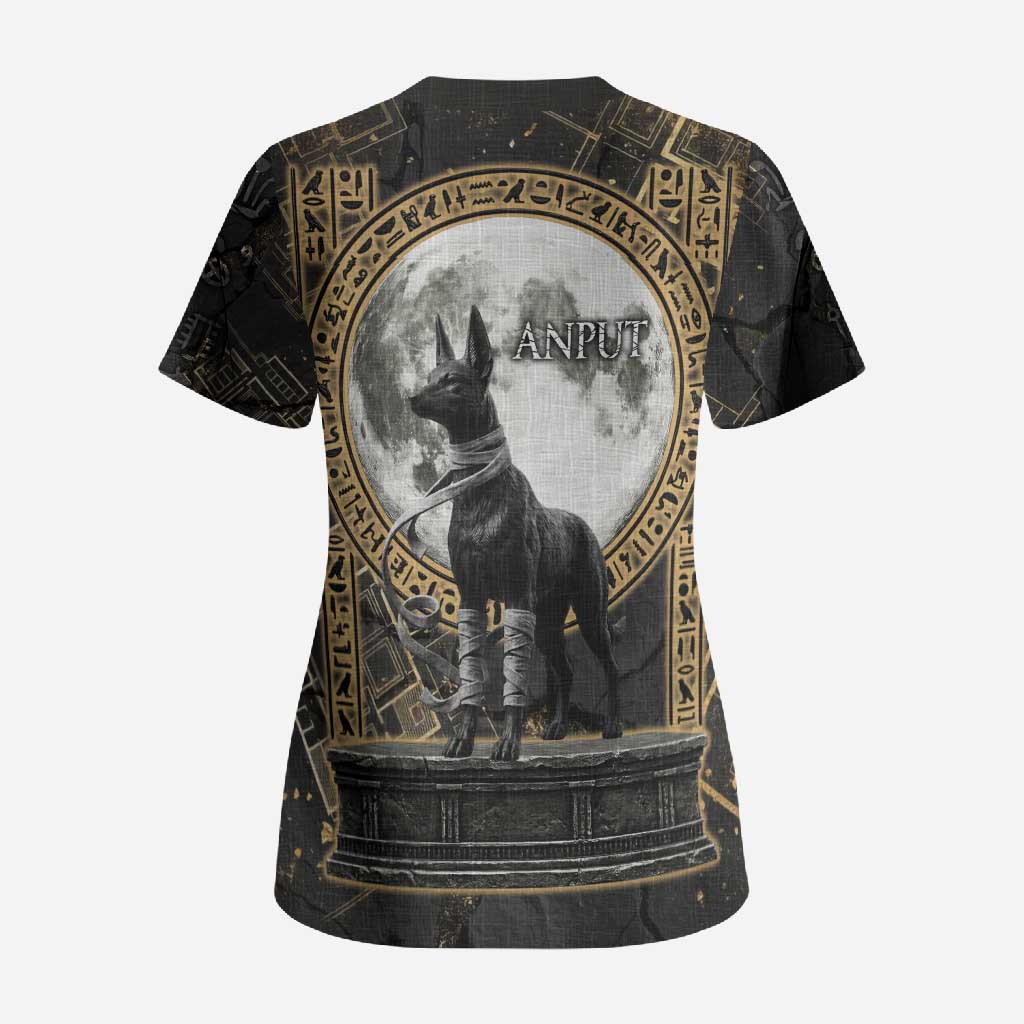 Anput Jackal Mask Scrub Top with Full Moon Egyptian Afterlife Symbolism