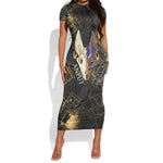 Anput Jackal Mask Short Sleeve Bodycon Dress with Full Moon Egyptian Afterlife Symbolism